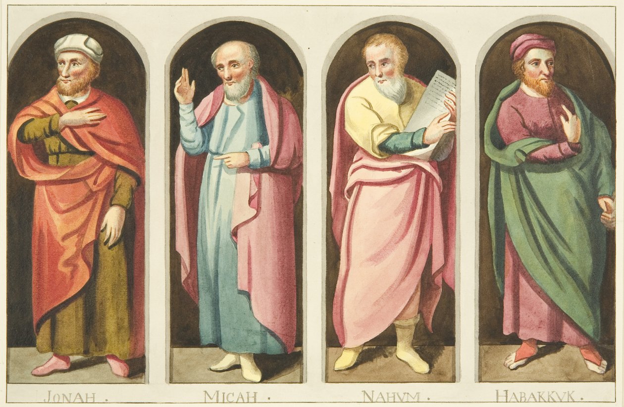 Quatro profetas menores pintados no lado oeste da tela, dividindo a nave do coro da Catedral de Bristol (aquarela sobre papel) de Joseph Manning