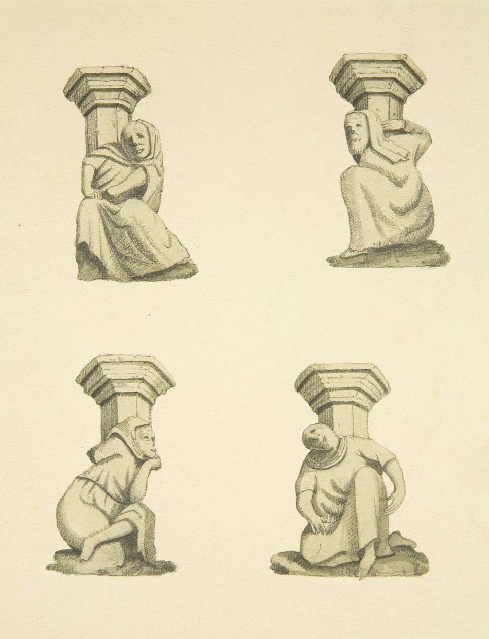 Quatro treliças na torre (originalmente estátuas de suporte) de St Mary Redcliffe (aguarela sobre papel) de Joseph Manning