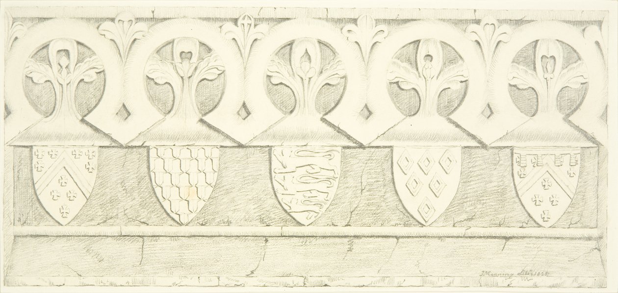 Friso gótico e brasões na sala de sacristia da Catedral de Bristol (lápis e aguarela sobre papel) de Joseph Manning