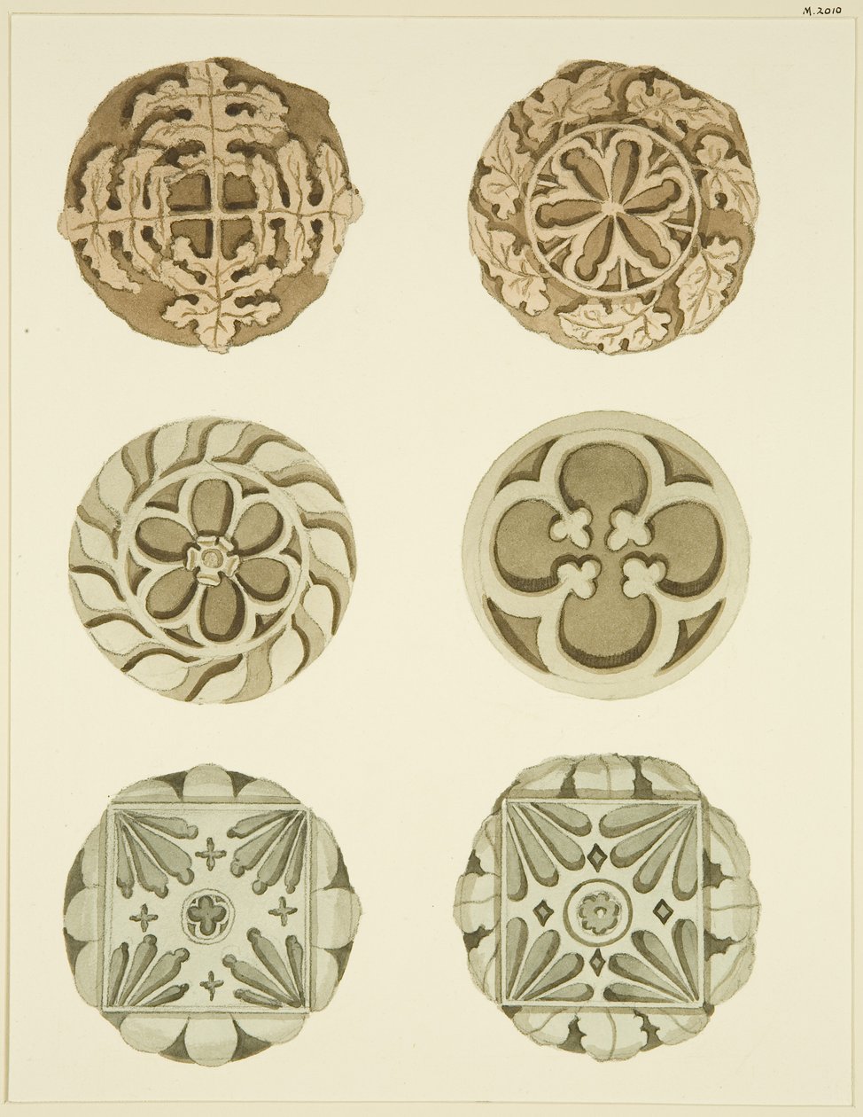Pedras da virilha (chefes) no tecto de St Mary Redcliffe (aguarela sobre papel) de Joseph Manning