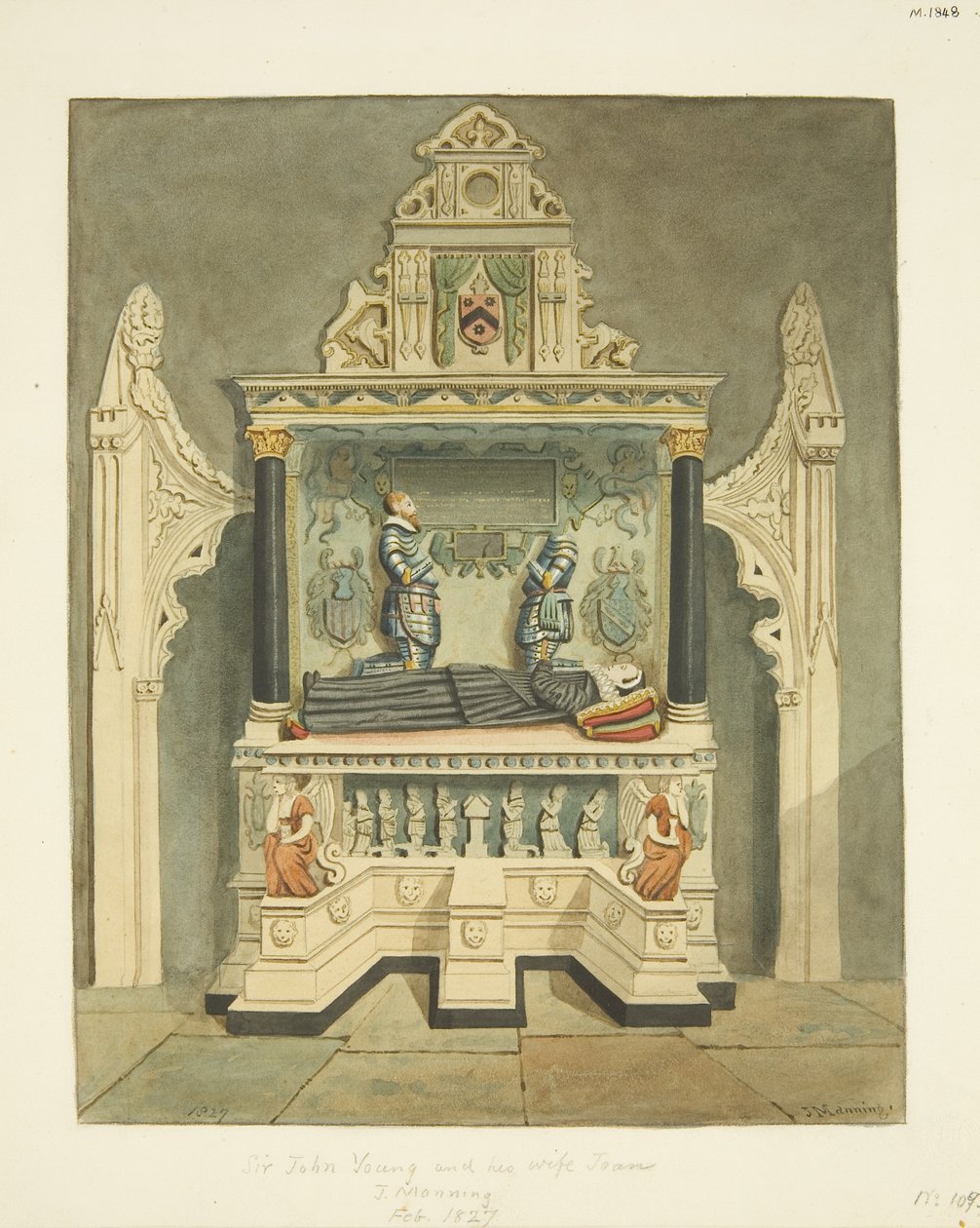 Monumento a Sir John Young e sua esposa Joan (née Wadham) na Catedral de Bristol (lápis e aguarela sobre papel) de Joseph Manning