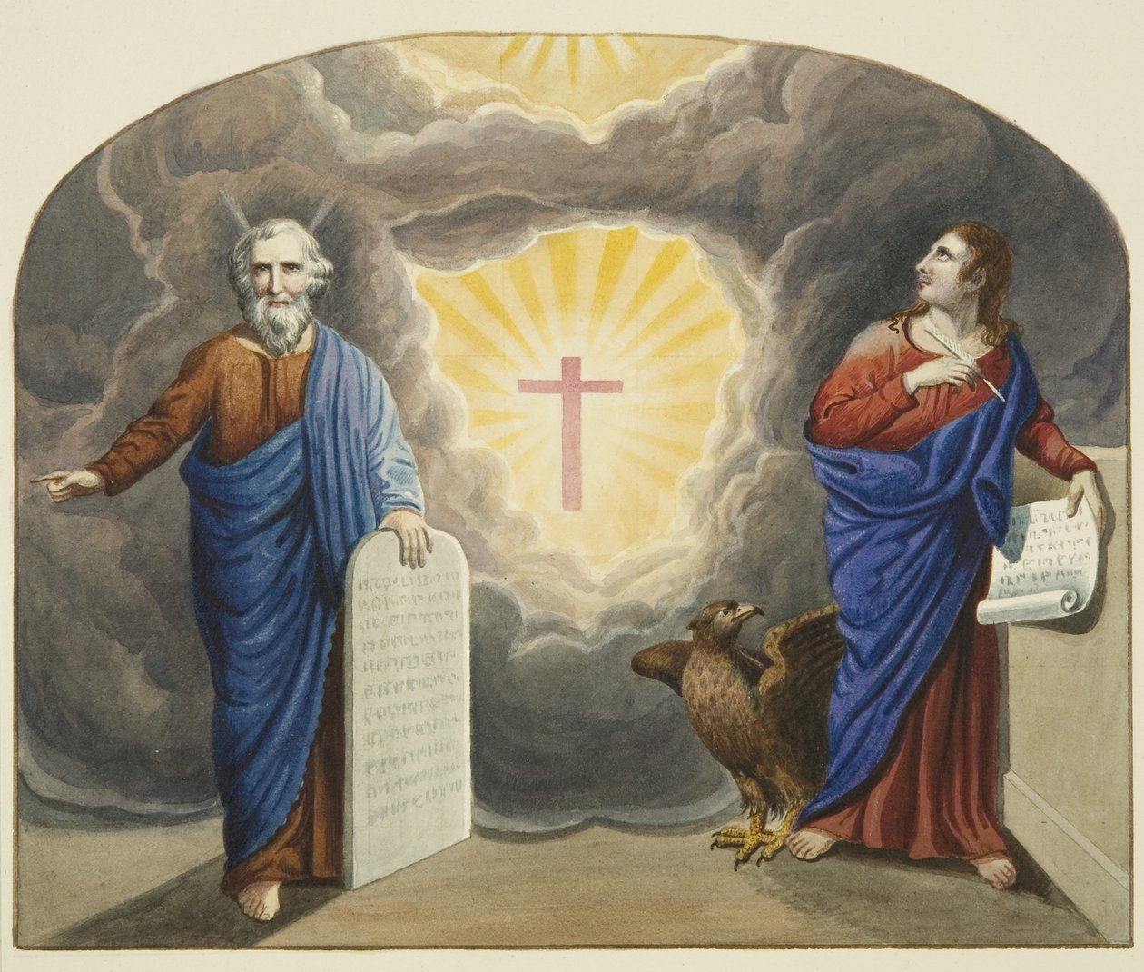 Janela pintada sobre o altar da Igreja de Cristo, mostrando Moisés e São João Evangelista (aquarela sobre papel) de Joseph Manning