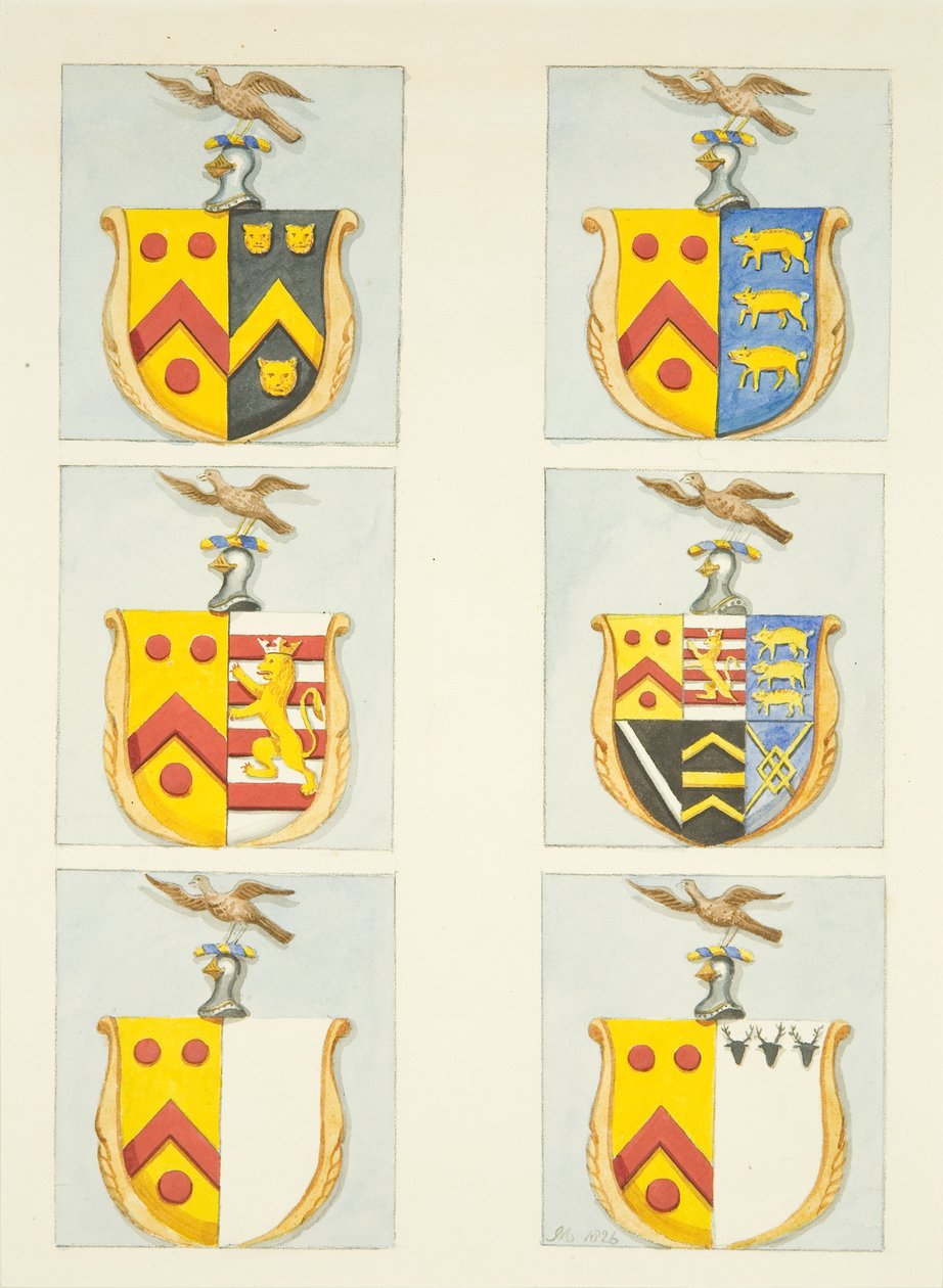 Seis escudos de armas em vitrais nos corredores norte e sul (extremidade leste) da Catedral de Bristol (aguarela sobre papel) de Joseph Manning