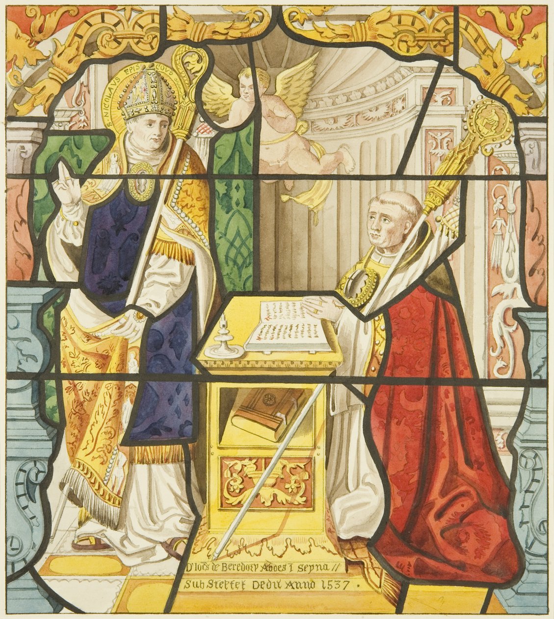 Vidro manchado na janela da sacristia de São Marcos, incluindo São Nicolau (aguarela sobre papel) de Joseph Manning
