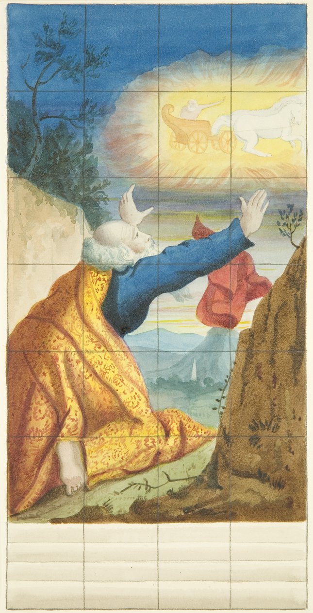 Janela de vidro manchado na extremidade leste do corredor norte da Catedral de Bristol mostrando Elias e Elisha (aquarela sobre papel) de Joseph Manning