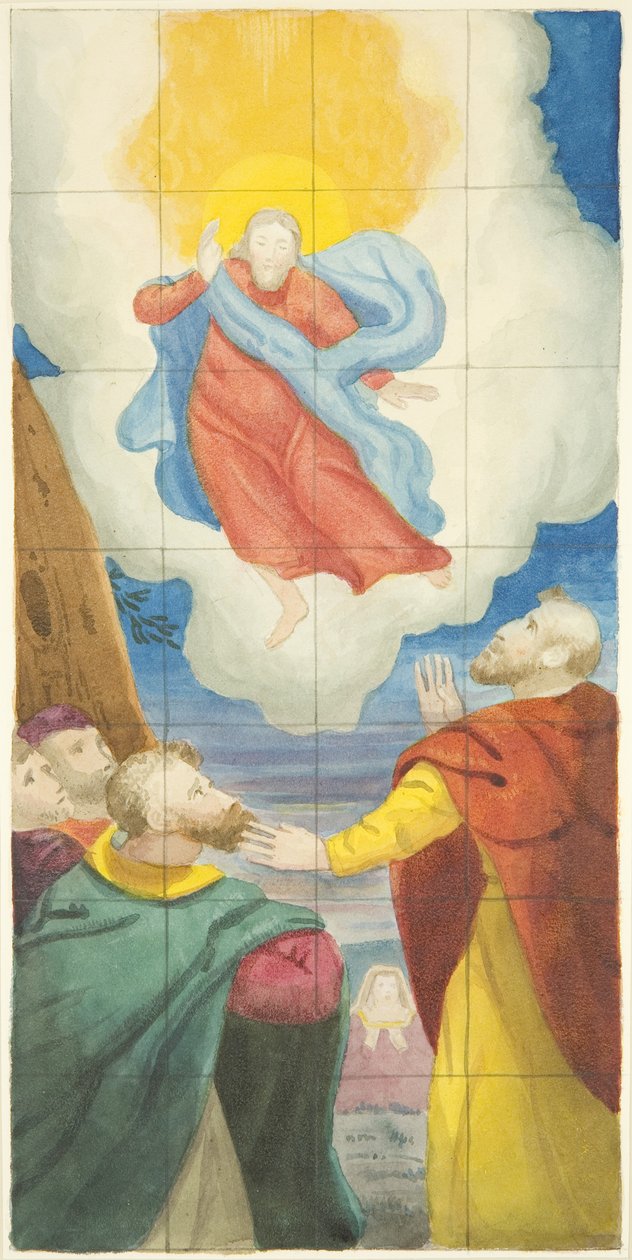 Janela de vidro manchado na extremidade leste do corredor norte da Catedral de Bristol mostrando a Ascensão (aquarela sobre papel) de Joseph Manning
