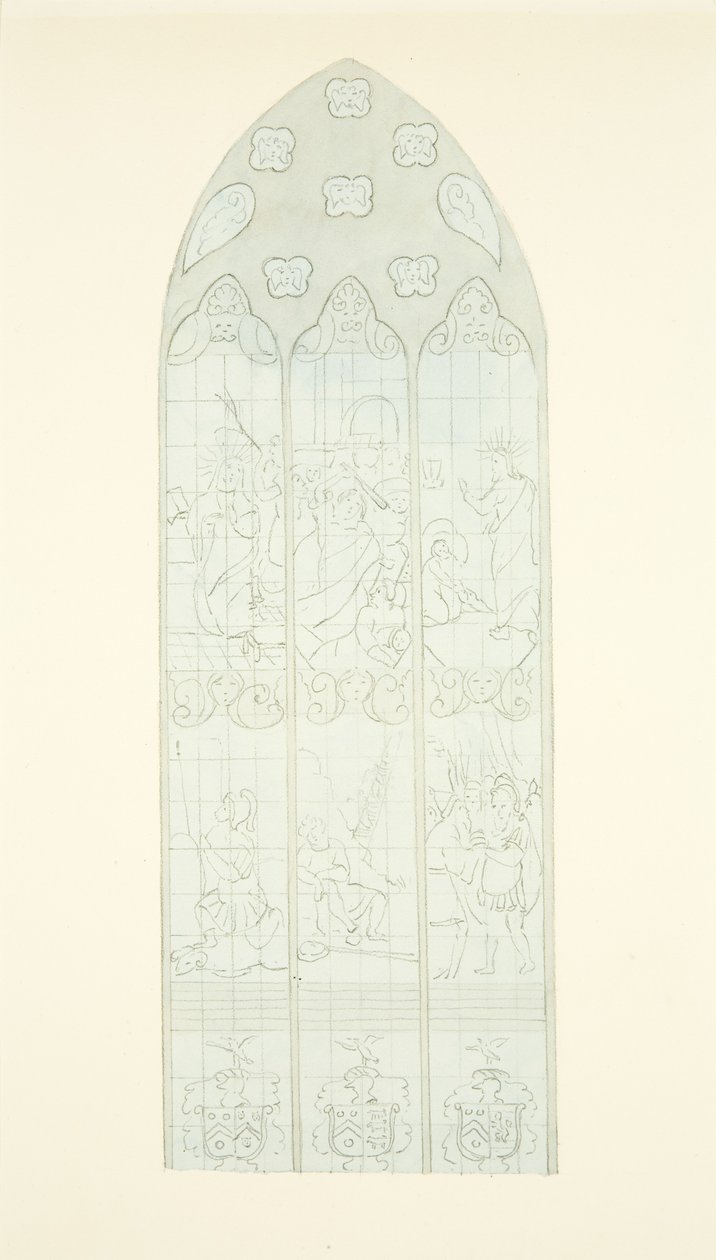 Janela de vidro manchado na extremidade leste do corredor sul da Catedral de Bristol (lápis e aquarela sobre papel) de Joseph Manning