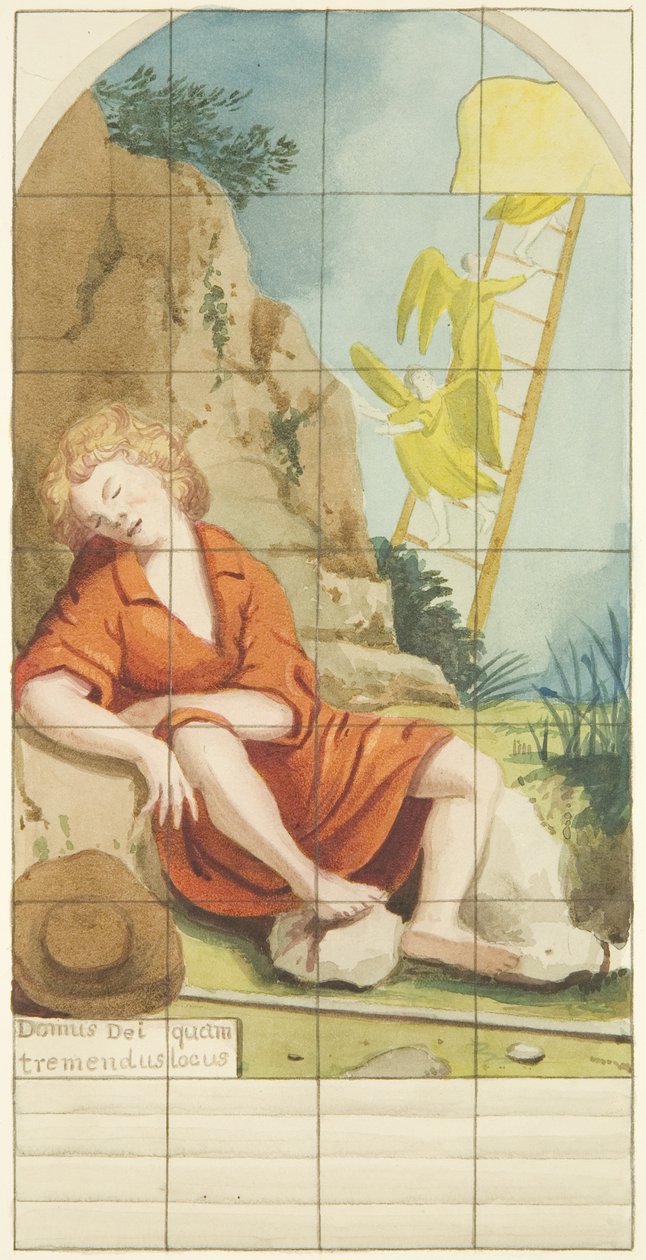 Janela de vidro manchado na extremidade leste do corredor sul da Catedral de Bristol mostrando a Escada de Jacob (aquarela sobre papel) de Joseph Manning