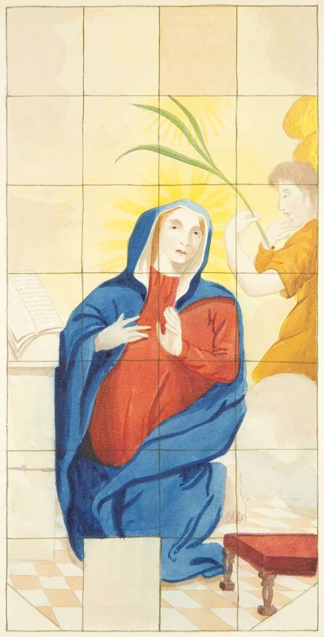 Janela de vidro manchado na extremidade leste do corredor sul da Catedral de Bristol mostrando a Anunciação (aguarela sobre papel) de Joseph Manning