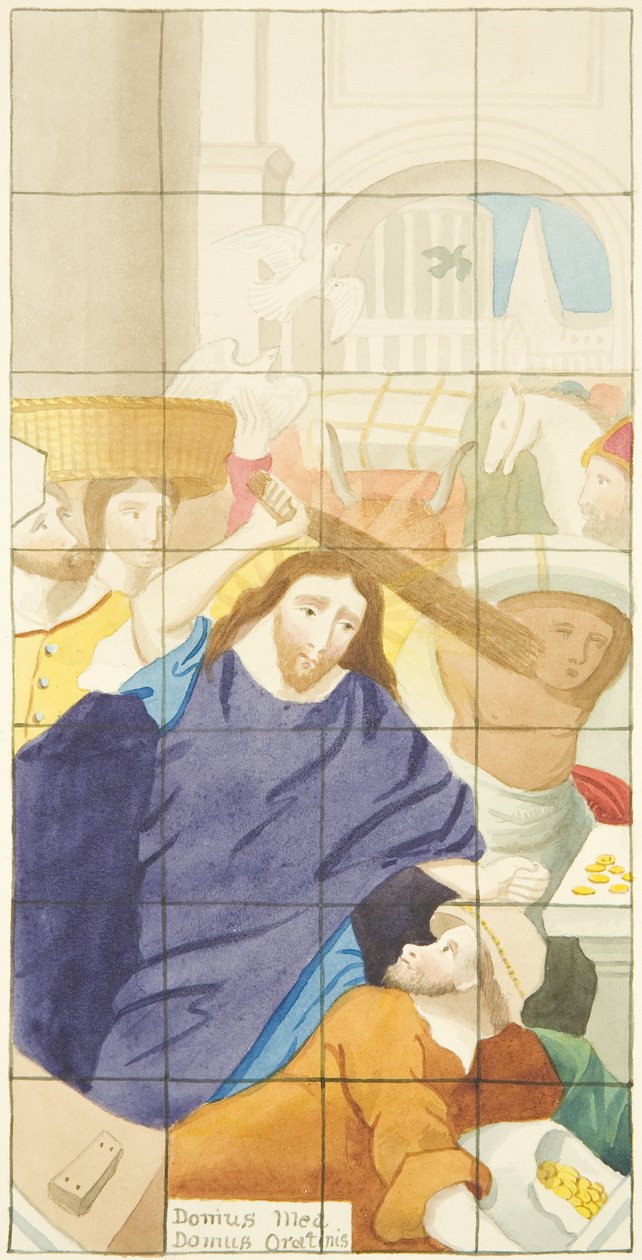 Janela de vidro manchado na extremidade leste do corredor sul da Catedral de Bristol mostrando compradores e vendedores no Templo (aquarela sobre papel) de Joseph Manning