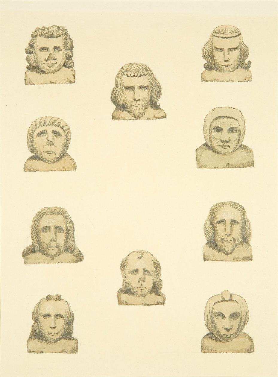 Dez cabeças em friso ao redor da varanda norte de St Mary Redcliffe (aguarela sobre papel) de Joseph Manning