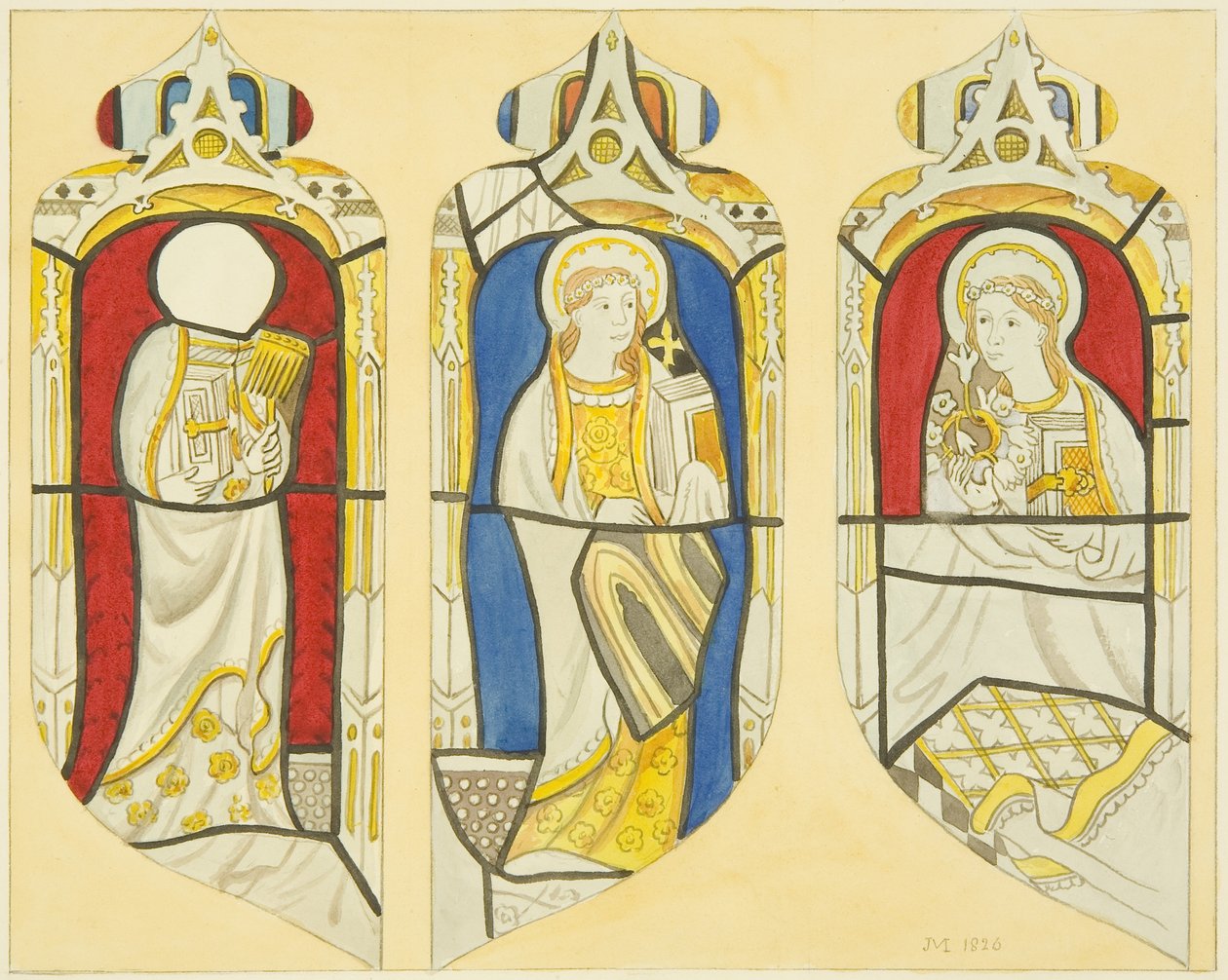Três figuras na janela leste do transepto norte de St Mary Redcliffe (aguarela sobre papel) de Joseph Manning