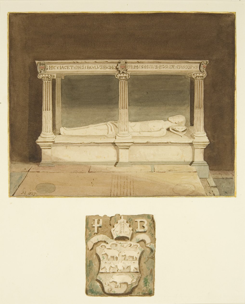 Túmulo do Bispo Paul Bush e brasão na Catedral de Bristol (aguarela sobre papel) de Joseph Manning