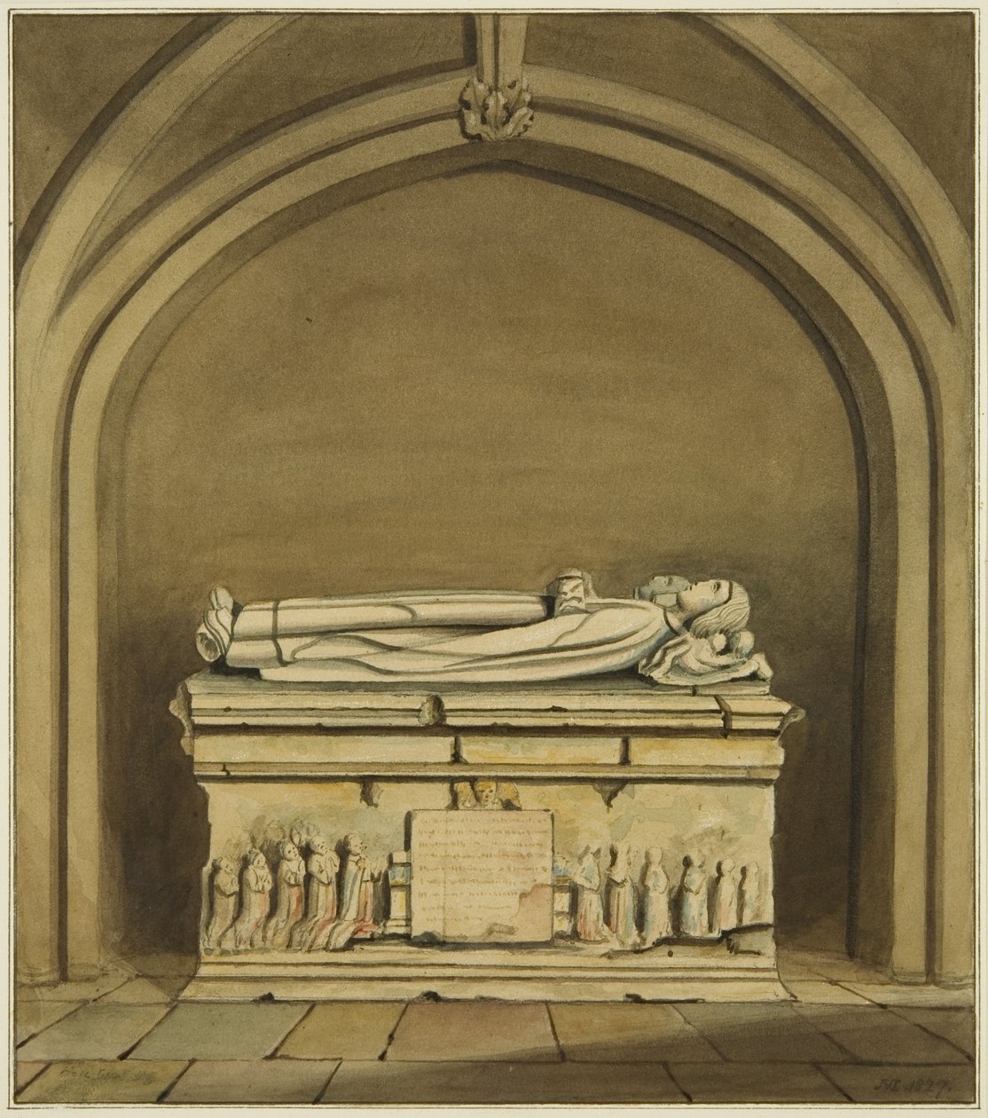 Túmulo de Thomas Rowley e sua esposa na cripta da Igreja de São João (aguarela sobre papel) de Joseph Manning