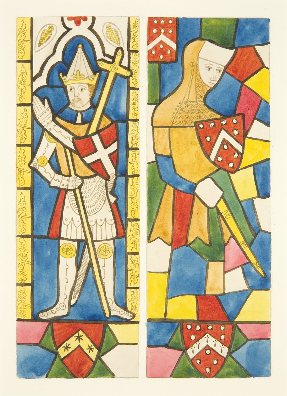 Duas figuras em vitrais de coro na Catedral de Bristol (aguarela sobre papel) de Joseph Manning