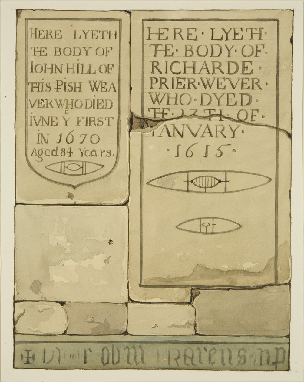 Duas lápides na Capela dos Tecelões na Igreja do Templo (aguarela sobre papel) de Joseph Manning