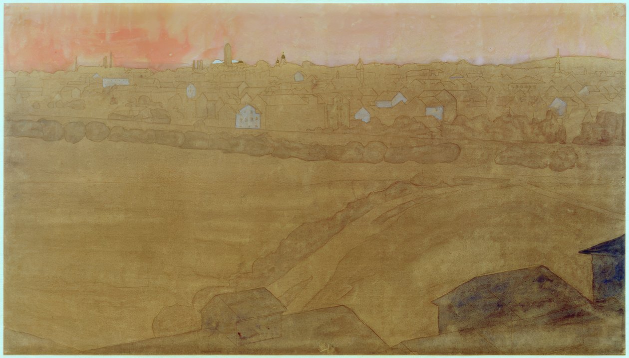 Silhueta da cidade de Darmstadt com a torre do casamento de Joseph Maria Olbrich