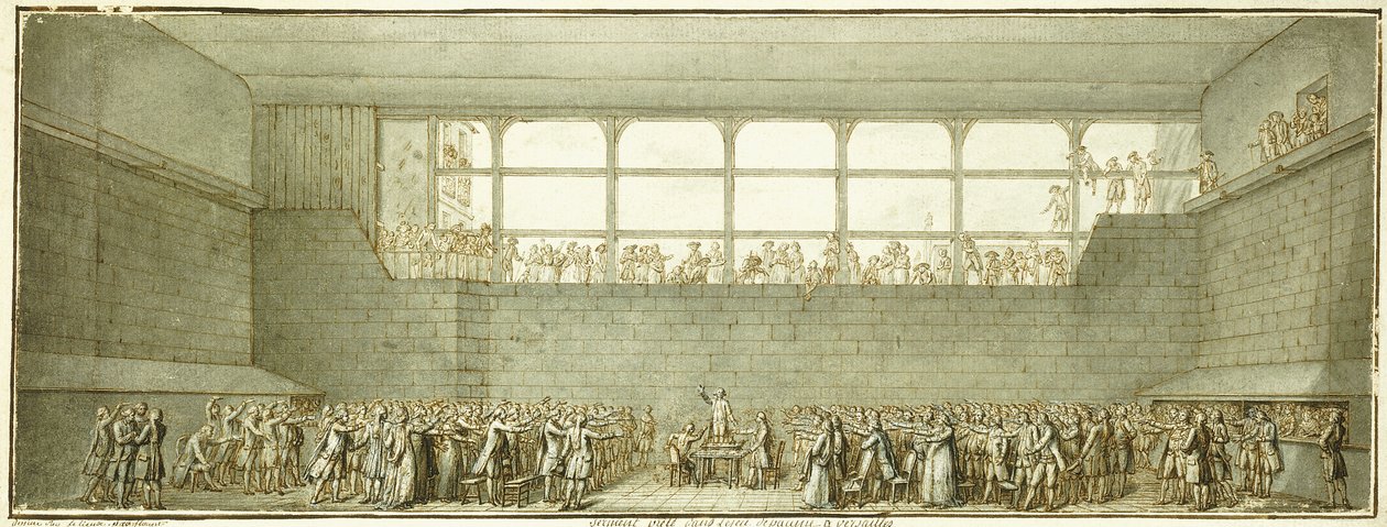 O Juramento do Tribunal de Ténis, c.1789 (giz preto, caneta e tinta castanha com lavagem cinzenta) de Joseph Marie Flouest