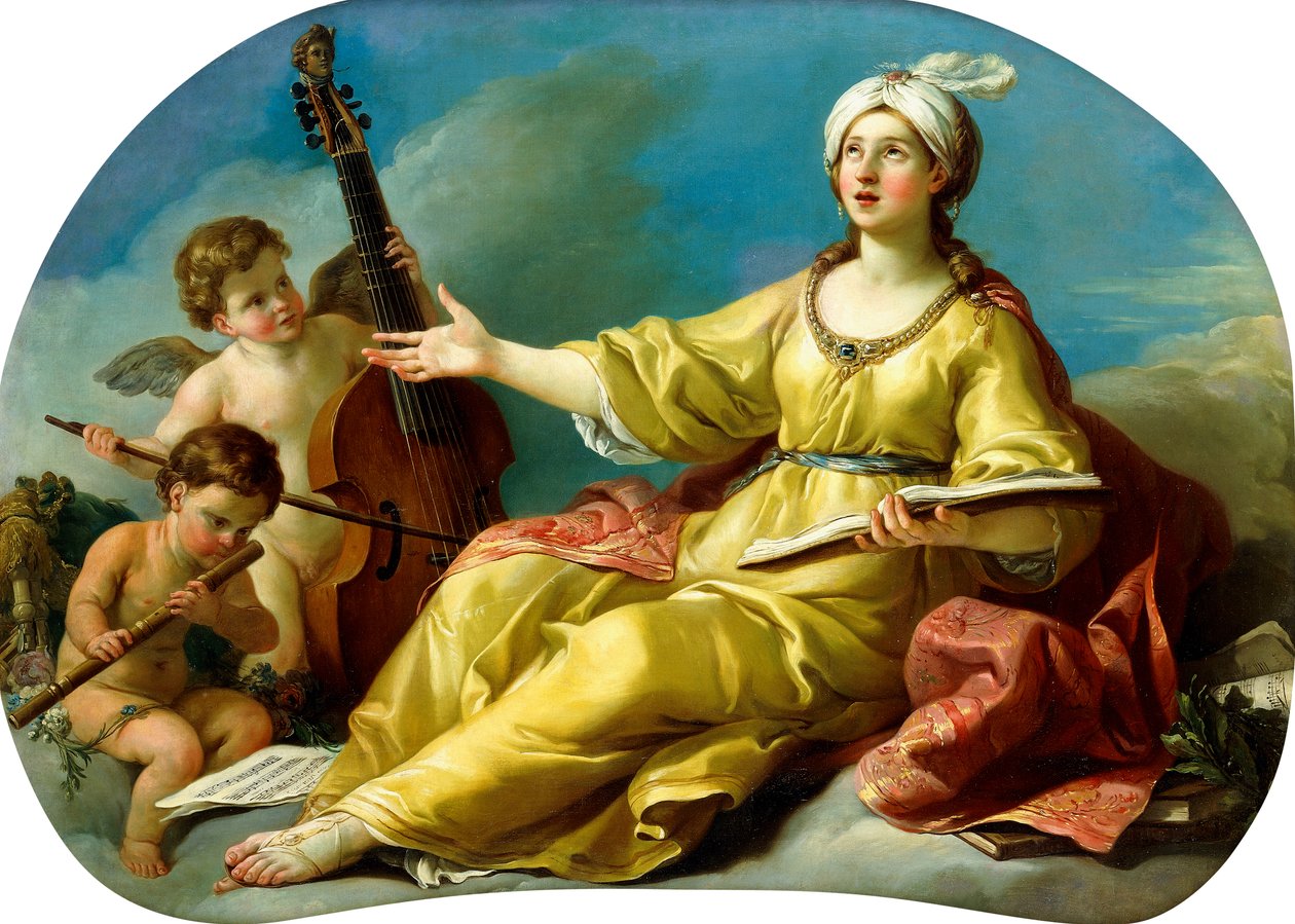 Uma personificação da música, cantando com Putti tocando viol e flauta, 1758 de Joseph Marie Vien