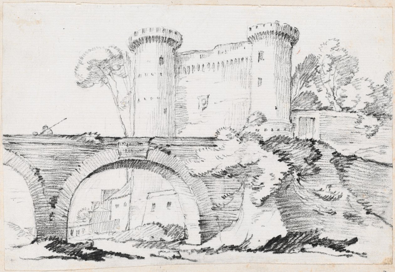 Uma ponte de pedra e a entrada fortificada de uma cidade de Joseph Marie Vien