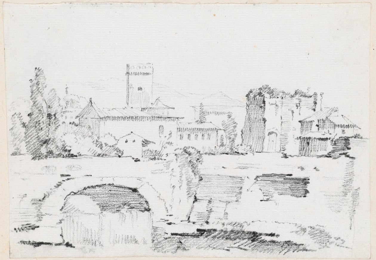 Uma cidade italiana com uma ponte de pedra e uma cachoeira de Joseph Marie Vien