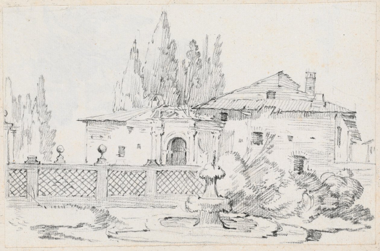 Casa e árvores em uma parede de jardim de Joseph Marie Vien