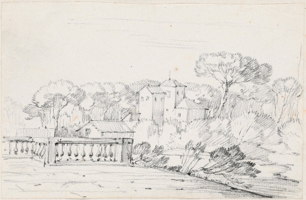 Terraço perto de um rio com uma vila e árvores além de Joseph Marie Vien