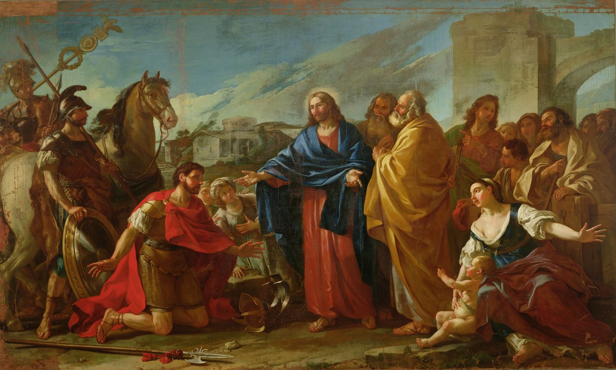 O Centurião Ajoelhado nos Pés de Cristo ou, Jesus Curando o Filho de um Oficial, 1752 de Joseph Marie, the Elder Vien