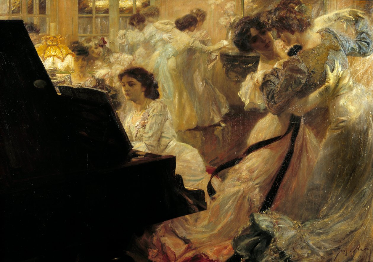 Belle epoque: "White Ball" Noite de jovens mulheres vestidas de dança branca e tocando piano por Joseph Marius Avy (1871-1939) 1903 de Joseph Marius Avy