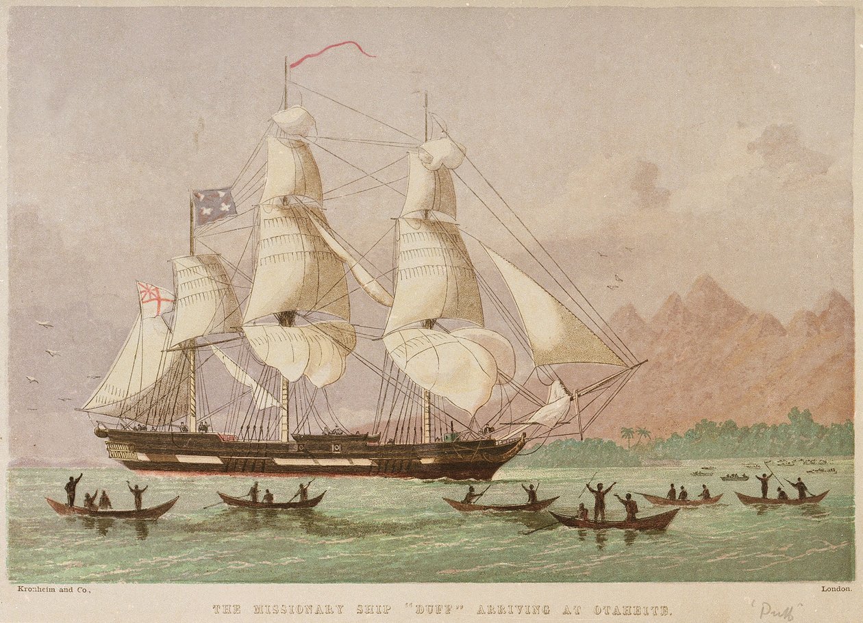 O navio missionário "Duff" chega a Otaheite em 1797 de Joseph Martin Kronheim