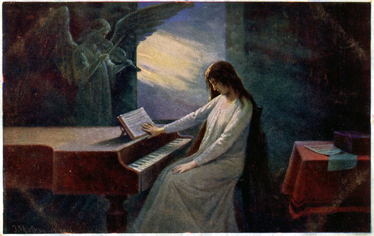 Música. O último acorde. A senhora moribunda ao piano. Ilustração de Josef Mathauser, República Checa, c.1910 (cartão postal) de Joseph Mathauser