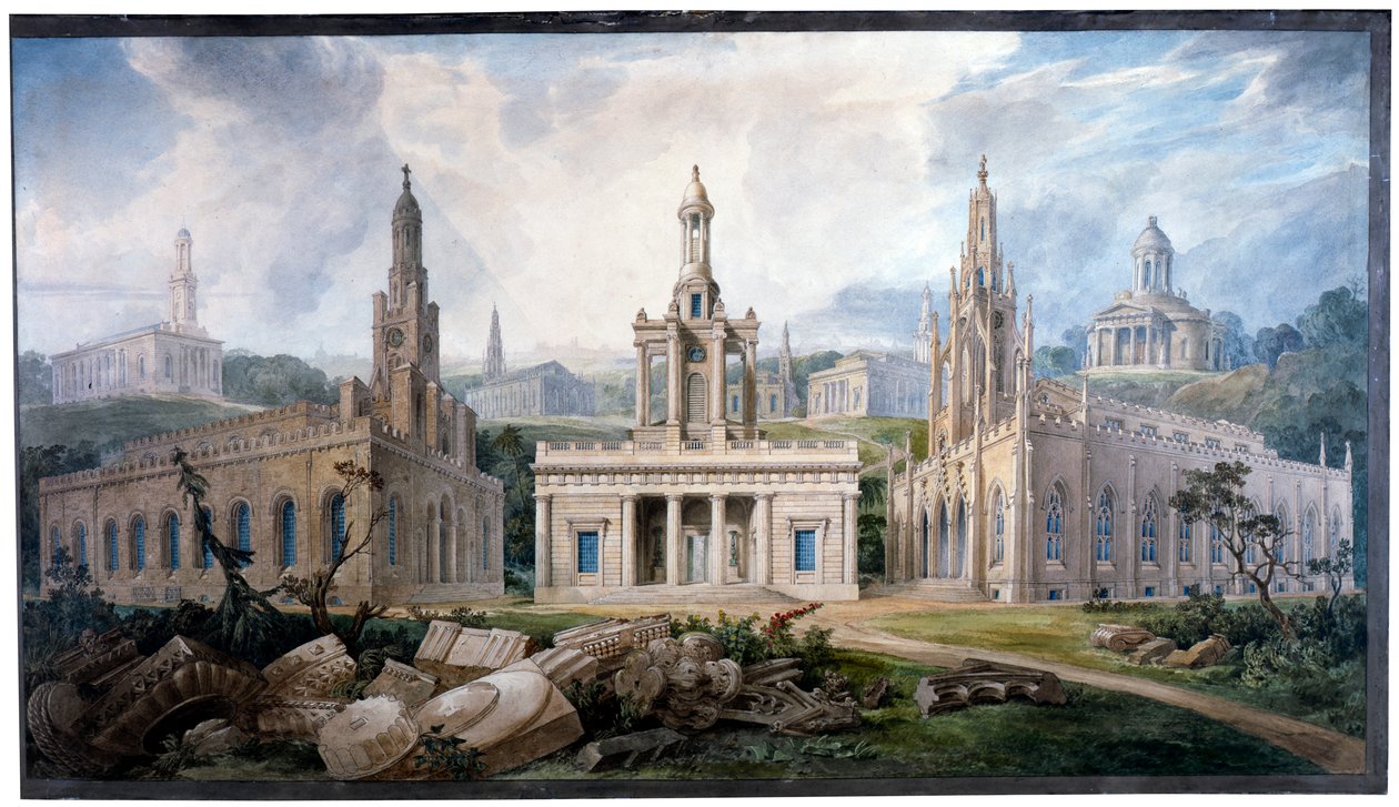 Um grupo de igrejas, concebido por Sir J. Soane para ilustrar diferentes estilos de arquitetura de Joseph Michael Gandy