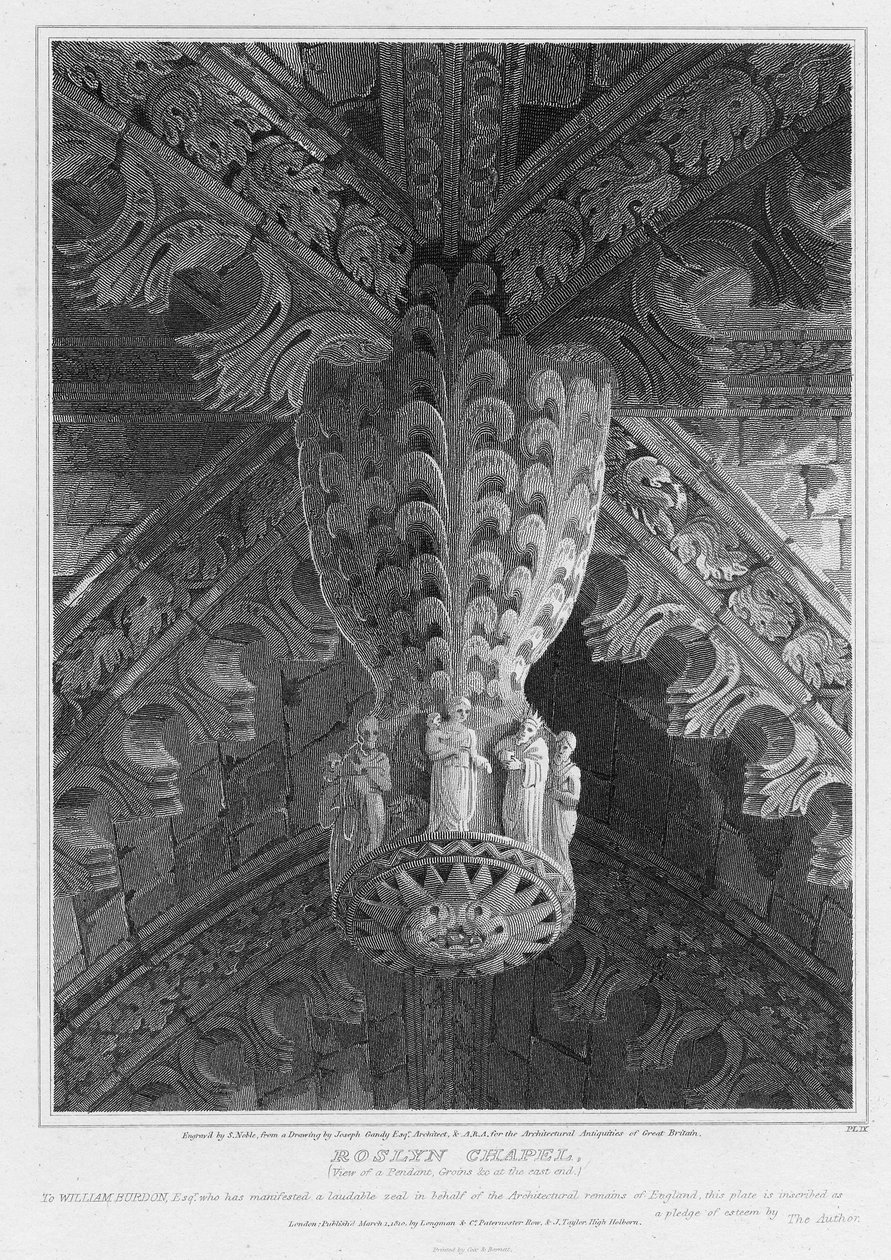 Roslyn Chapel, vista de um pingente e virilhas no extremo leste, gravada por S. Noble, 1810 de Joseph Michael Gandy