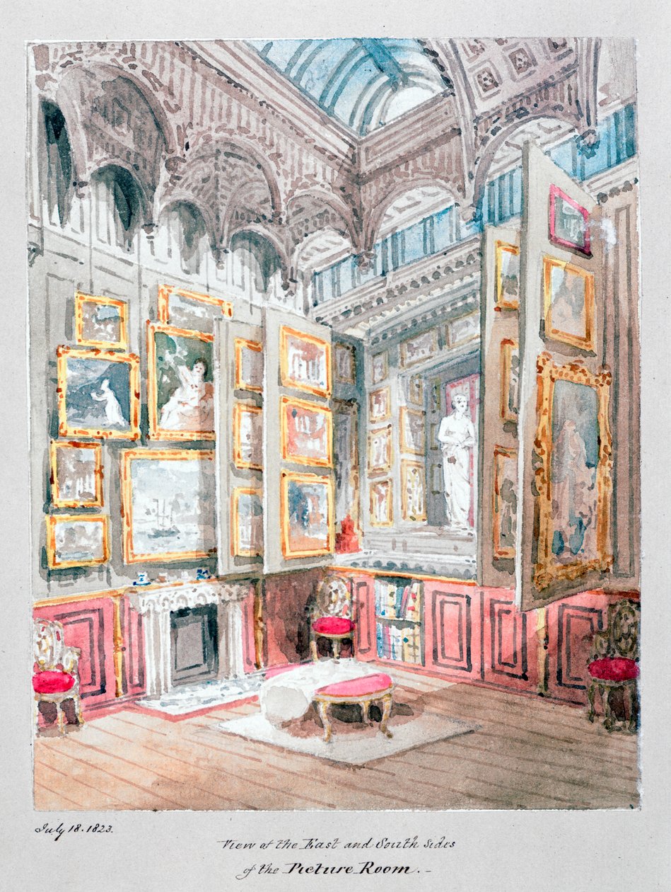Vista dos lados leste e sul da segunda sala de fotos de Soane, c.1825 (aquarela sobre papel) de Joseph Michael Gandy