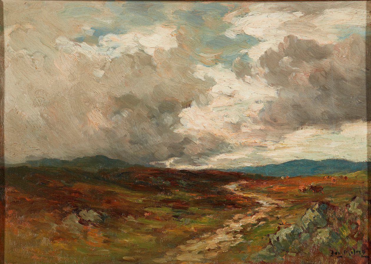 Storm Clouds Over the Hills (óleo a bordo) de Joseph Milne