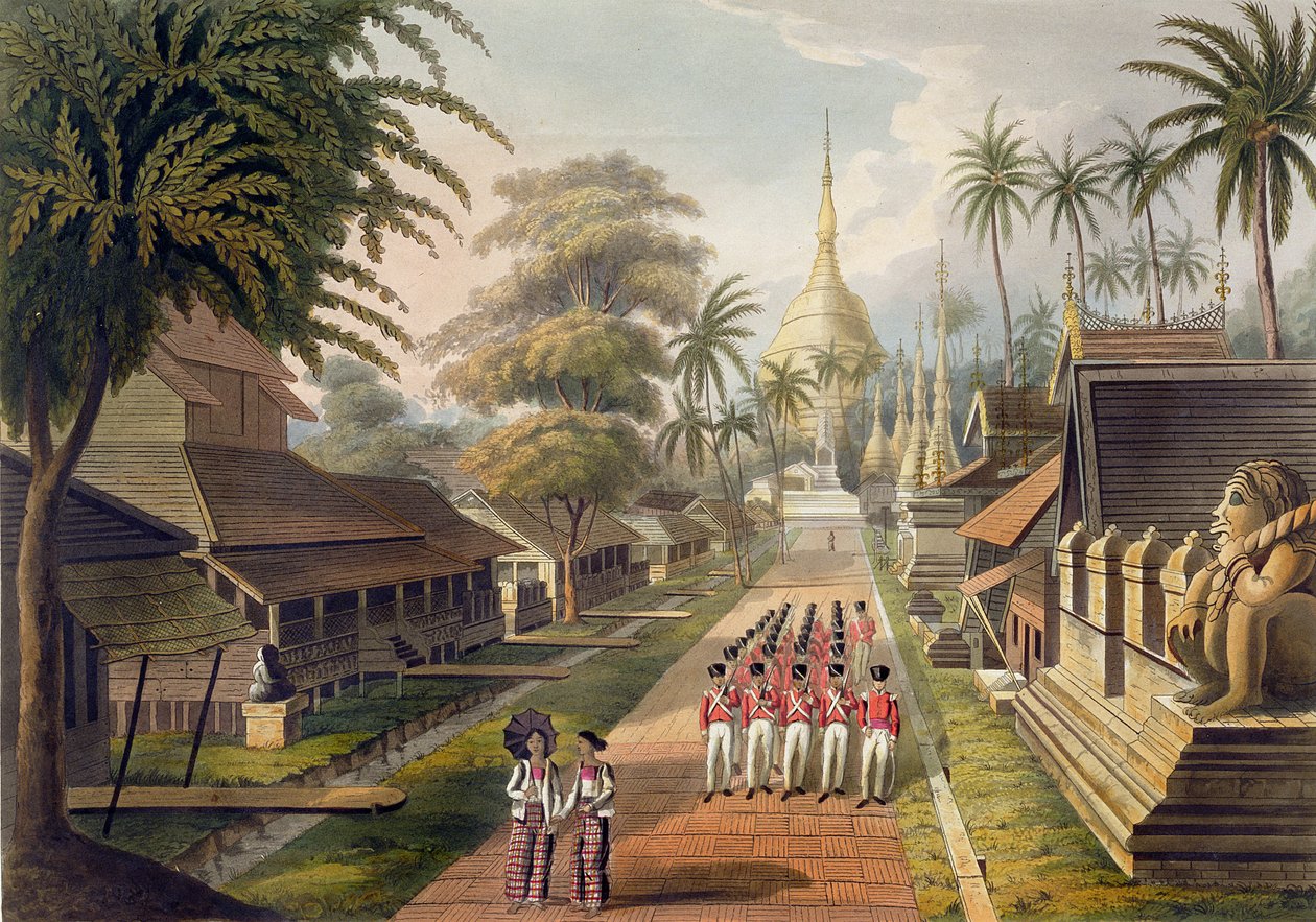 A Abordagem Principal para o Grande Pagode de Dagon em Rangoon, prato 3 de "Vistas de Rangum", gravado por T. Fielding, 1825 (aquatint) de Joseph Moore