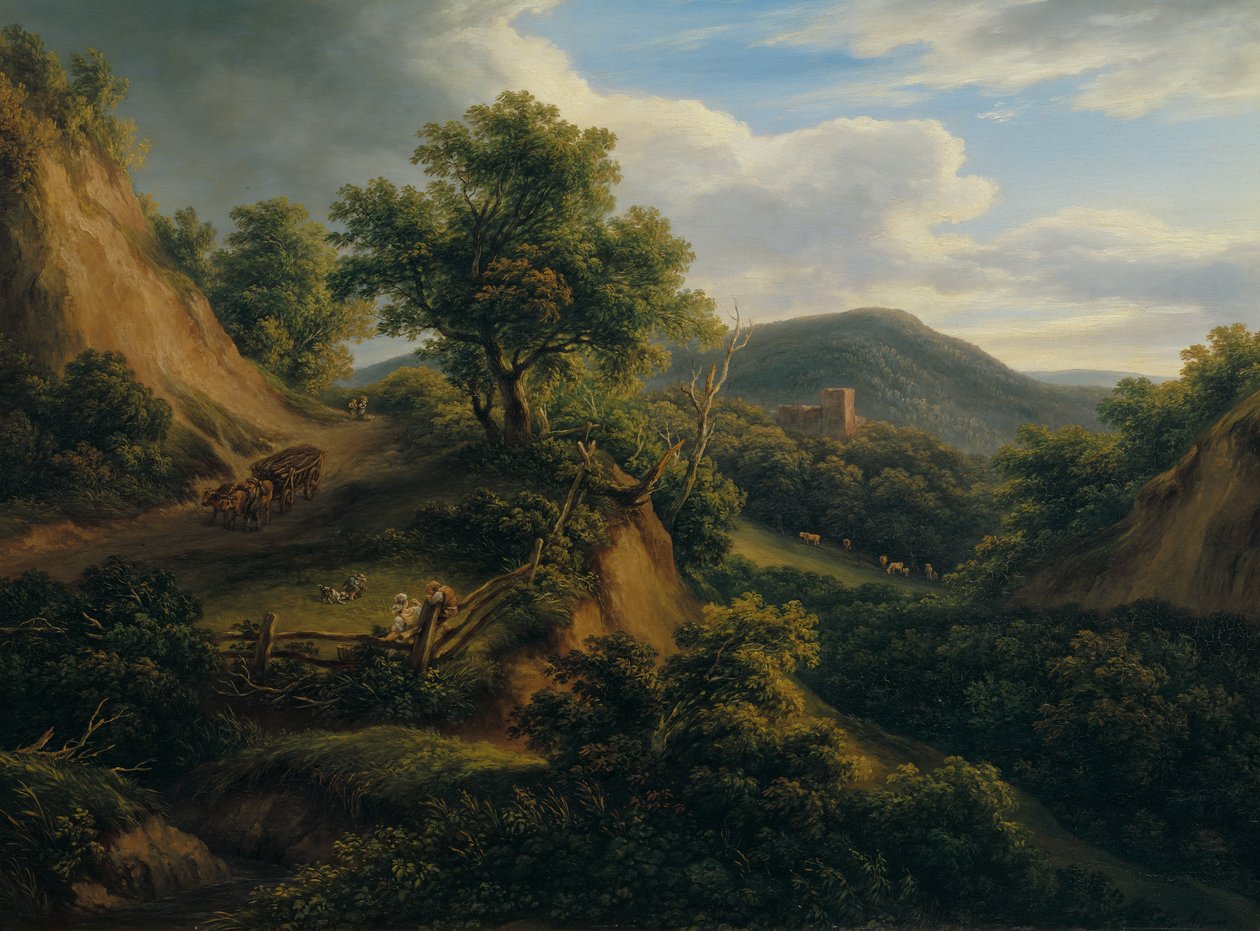 Paisagem de montanha arborizada com ruínas de Joseph Mössmer