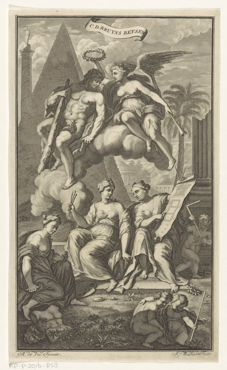 Hércules coroado por Vitória CD. Bruyns Reysen (título no objeto) Página de rosto para: Cornelis de Bruyn, Reizen, 1698 de Joseph Mulder