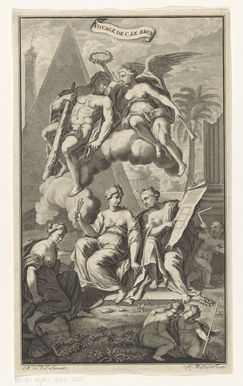Hércules coroado por Vitória Voyage de C. le brun (título no objeto) Página de rosto para: Cornelis de Bruyn, Voyage au Levant, 1700 de Joseph Mulder
