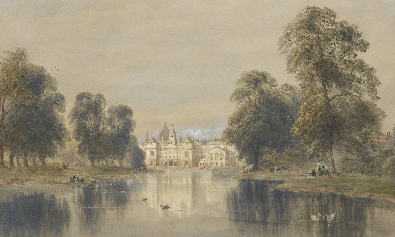 Os guardas a cavalo da ponte, St Jamess Park, 1833 (lápis e wc com bodycolour no papel) de Joseph Murray Ince