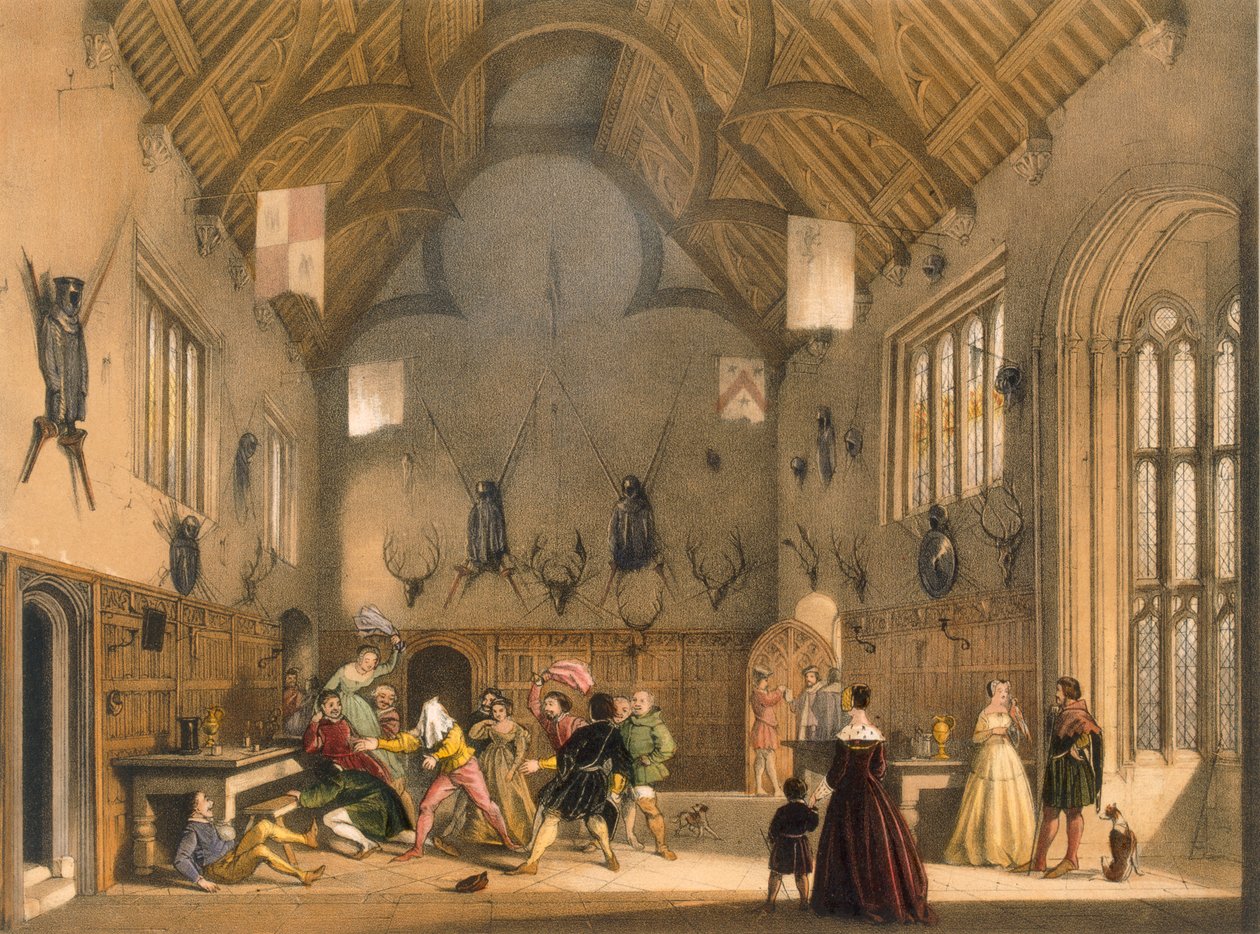 Blind Man&39;s Buff, tocado no Athelhampton Hall, em meados dos anos 1600, de &39;Architecture of the Middle Ages&39;, publicado em 1838 de Joseph Nash