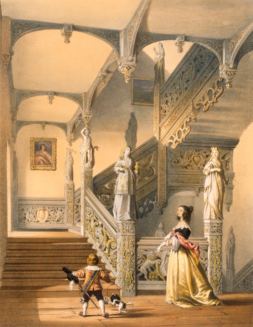 Grande escada elisabetana, Aldermaston, Berkshire. de Joseph Nash