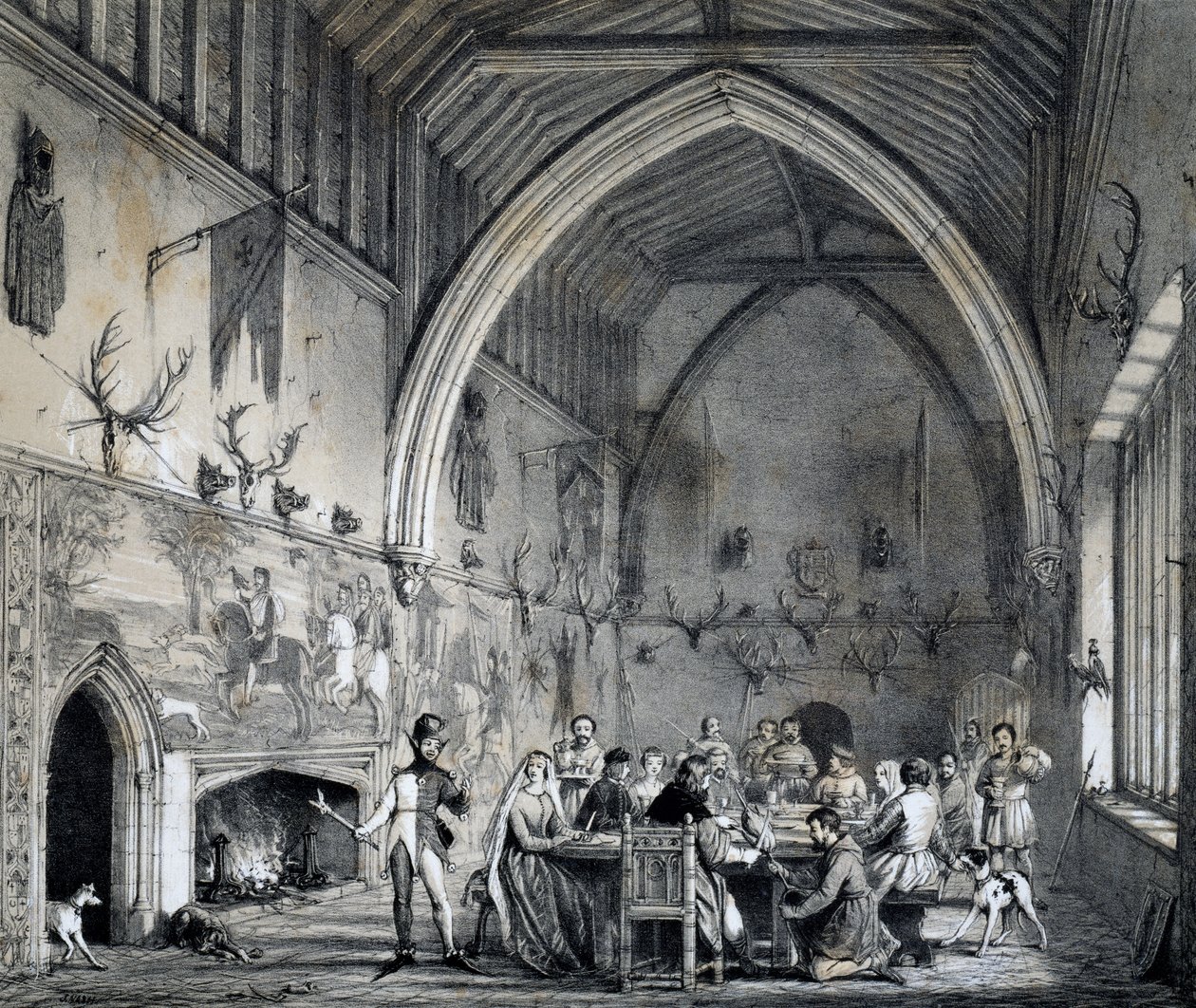 Hall na Moat House Ightham com banquete, Kent, gravura de Mansions of England em tempos idos de Joseph Nash