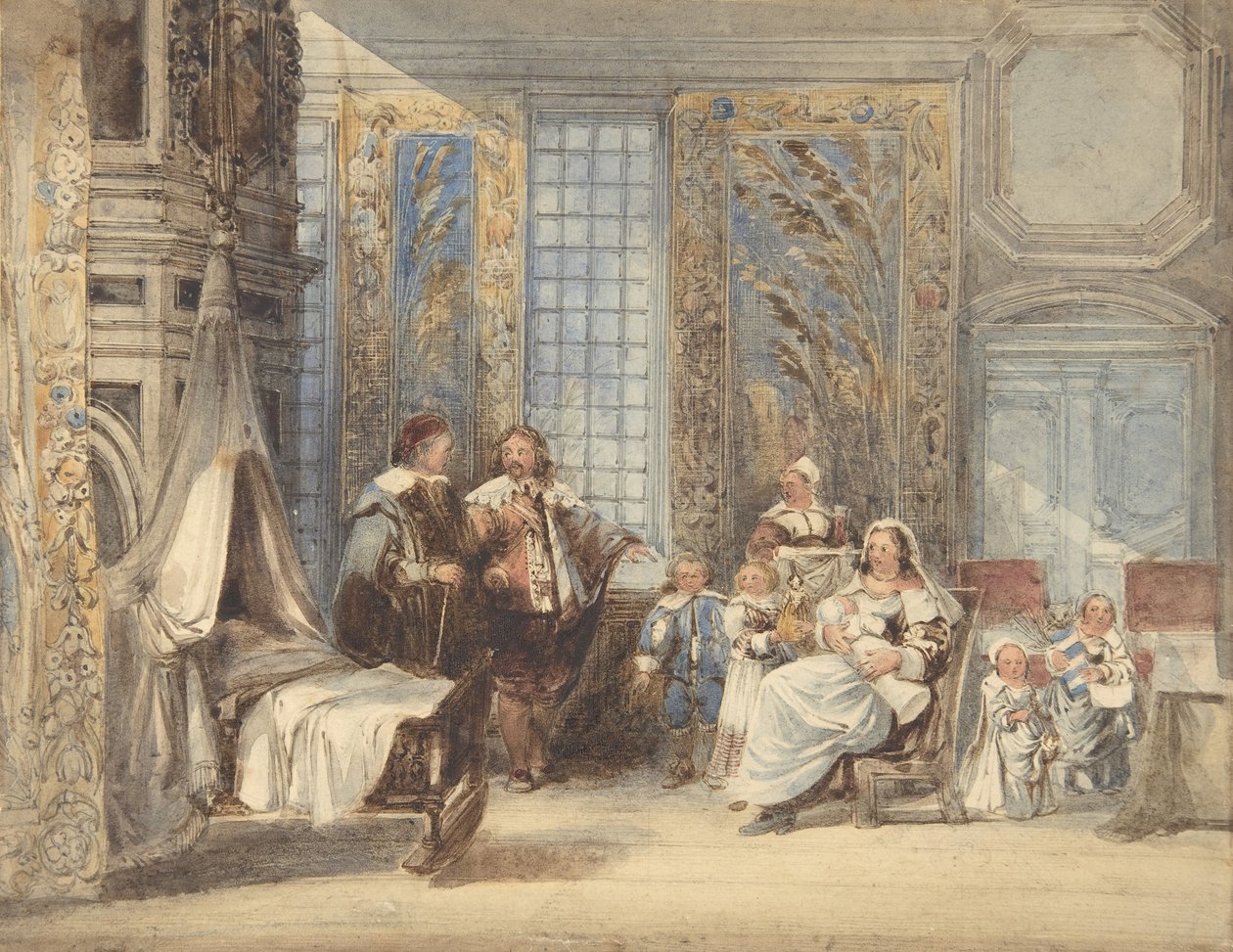 Cena com Família e Convidado no Interior do Século XVII, 1825-78. de Joseph Nash.
