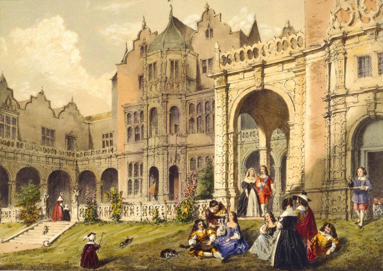 Tomando refresco no gramado do terraço, Holland House, Kensington, de &39;Architecture in the Middle Ages&39;, 1838 de Joseph Nash