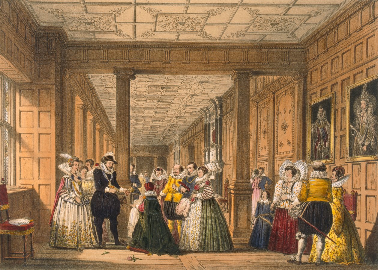 A galeria em Hatfield House, Hertfordshire, de "Arquitetura da Idade Média", publicada em 1838 de Joseph Nash