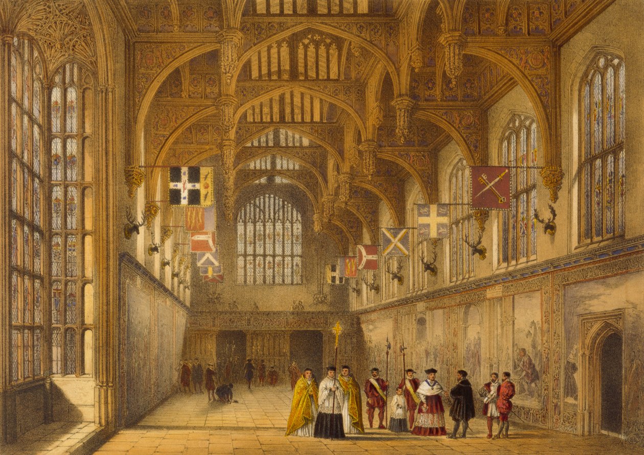 O Hall, Hampton Court, c.1600, de &39;Arquitetura da Idade Média&39;, 1838 de Joseph Nash