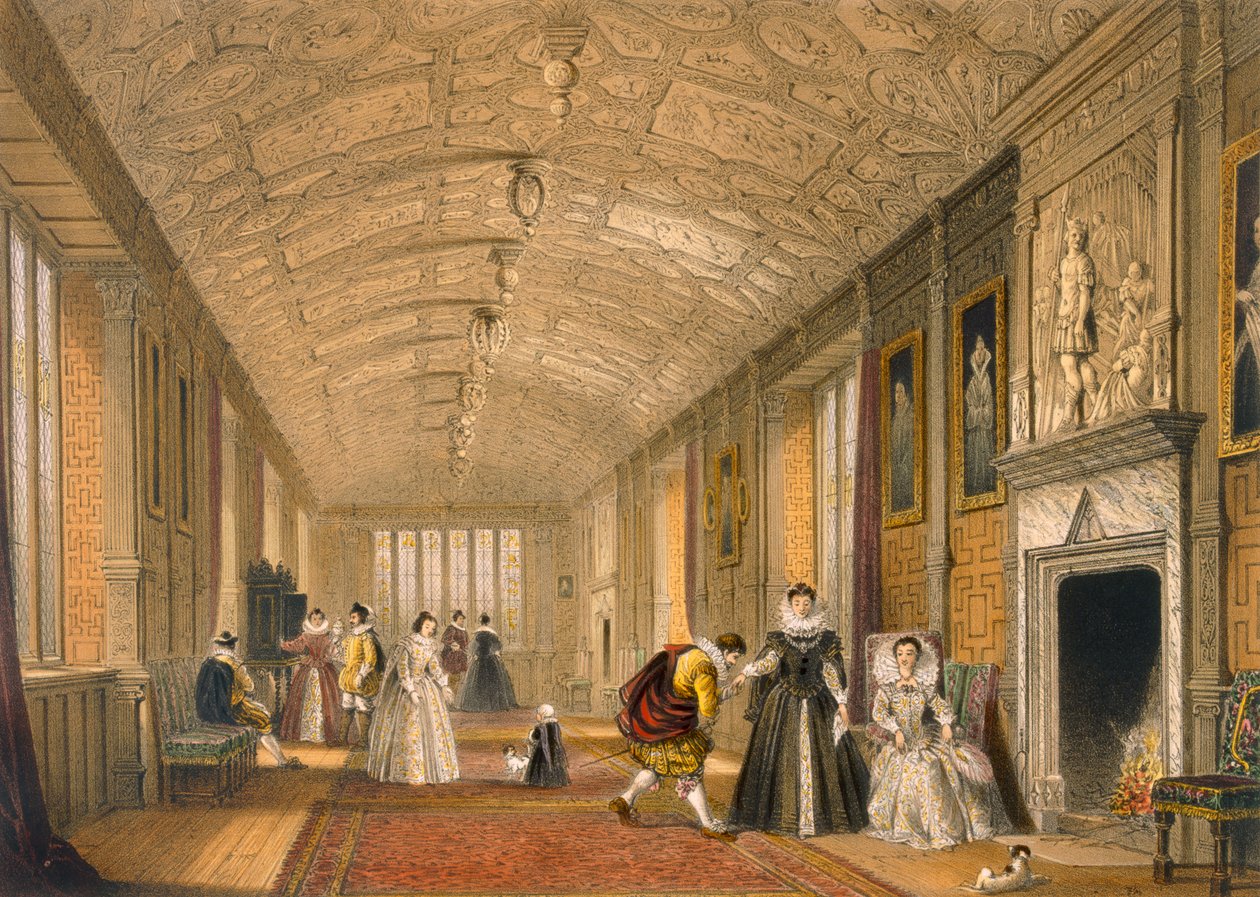 A Long Gallery em Lanhydrock, Cornwall, 1600, da Architecture of the Middle Ages, publicada em 1838 de Joseph Nash