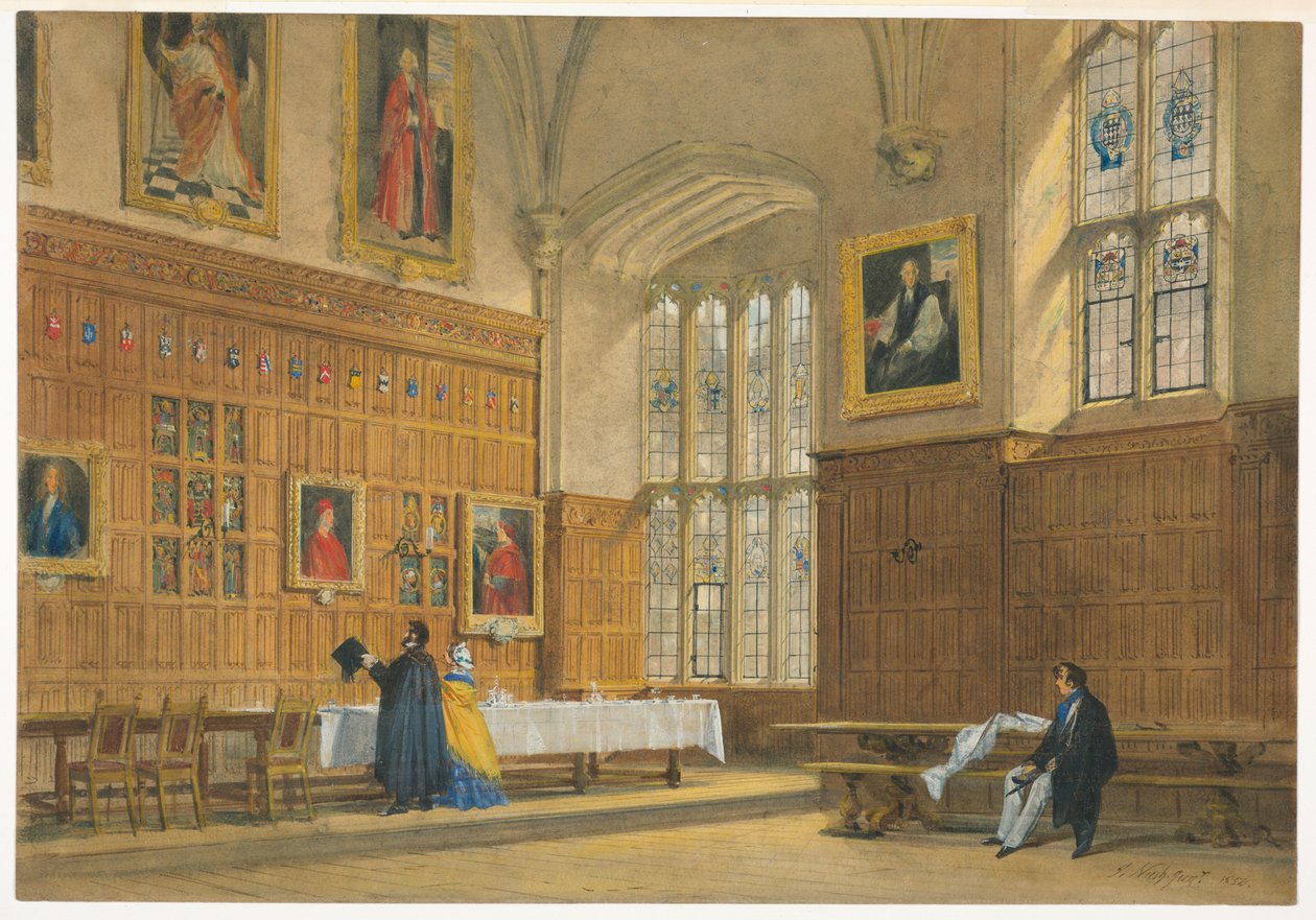 Desenho, Vista da sala de jantar no Magdalen College, Oxford, 1856 de Joseph Nash The Elder