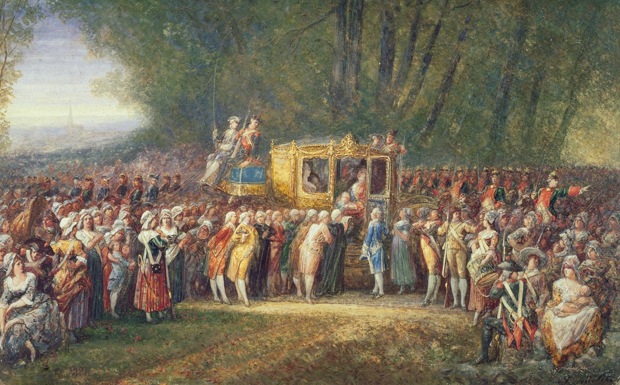 O rei Luís XVI sendo levado de Versalhes a Paris pelas mulheres de Les Halles em outubro de 1789 de Joseph Navlet